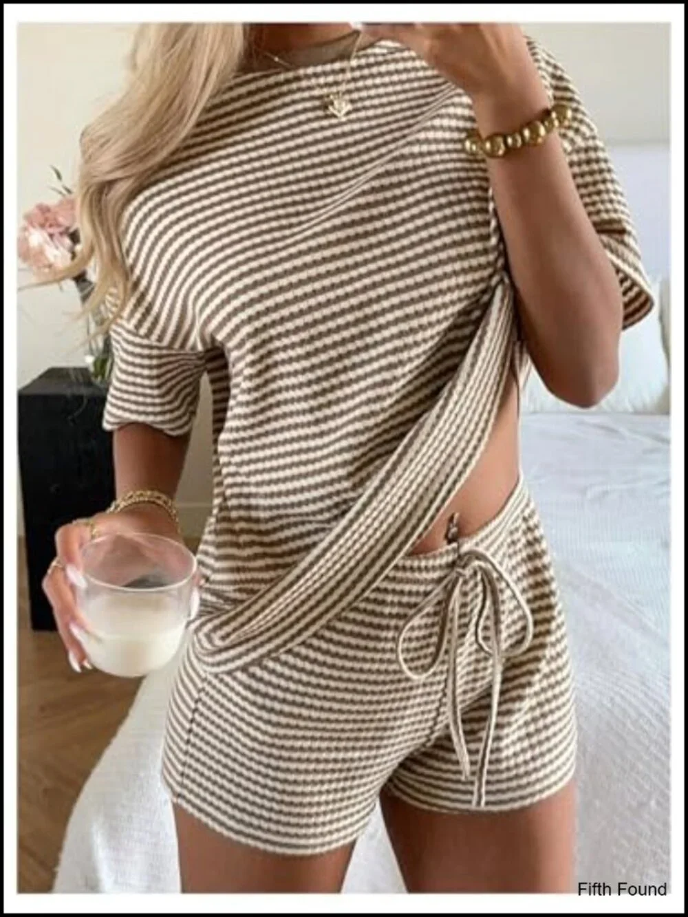 Women's Striped Lounge Set Short Sleeve Matching Shorts Set